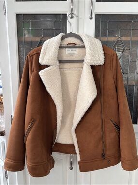 NWOT Lucky Brand Brown Suede-Look Teddy Jacket with Cream Sherpa